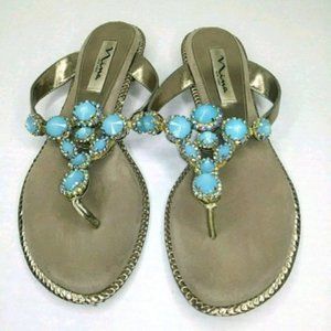 Nina Boho Leather Flip Flops Blue Stones